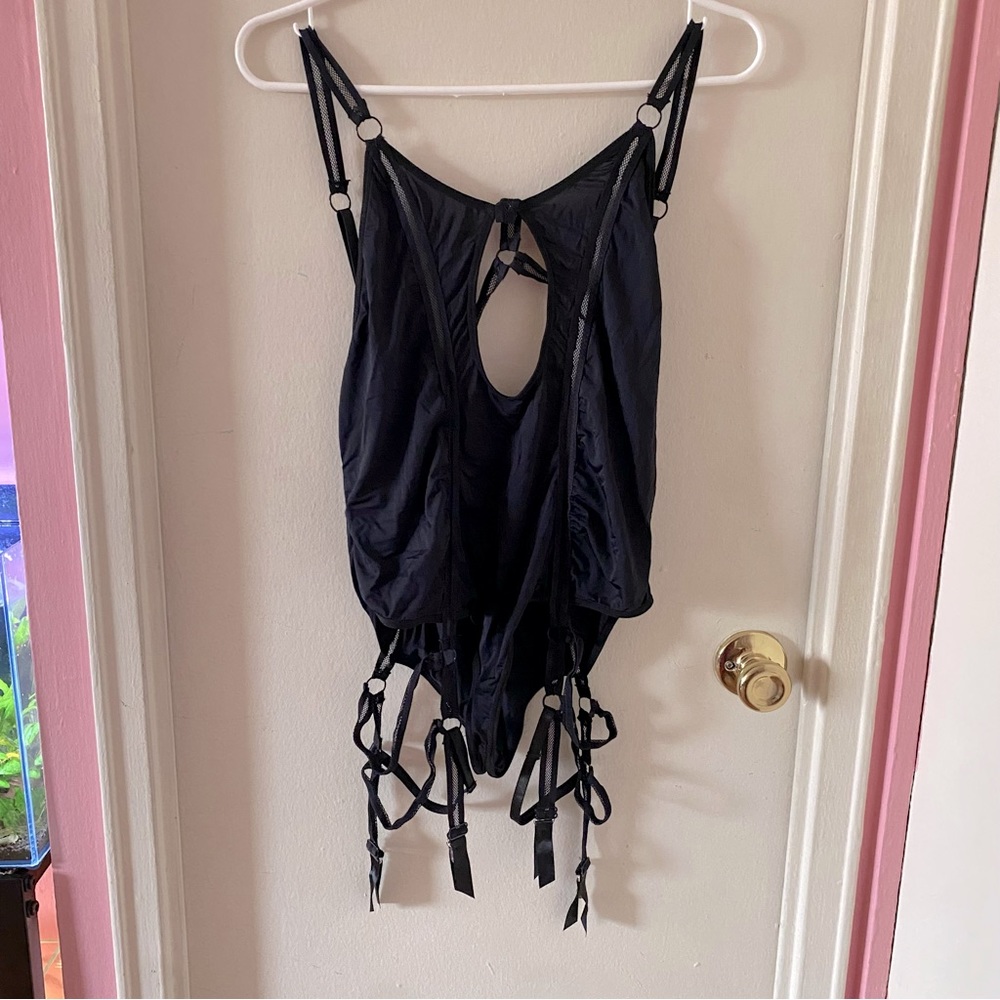 Hauty Black Cut Out Lingerie Bodysuit w Straps & Garter Belt Straps at Thighs